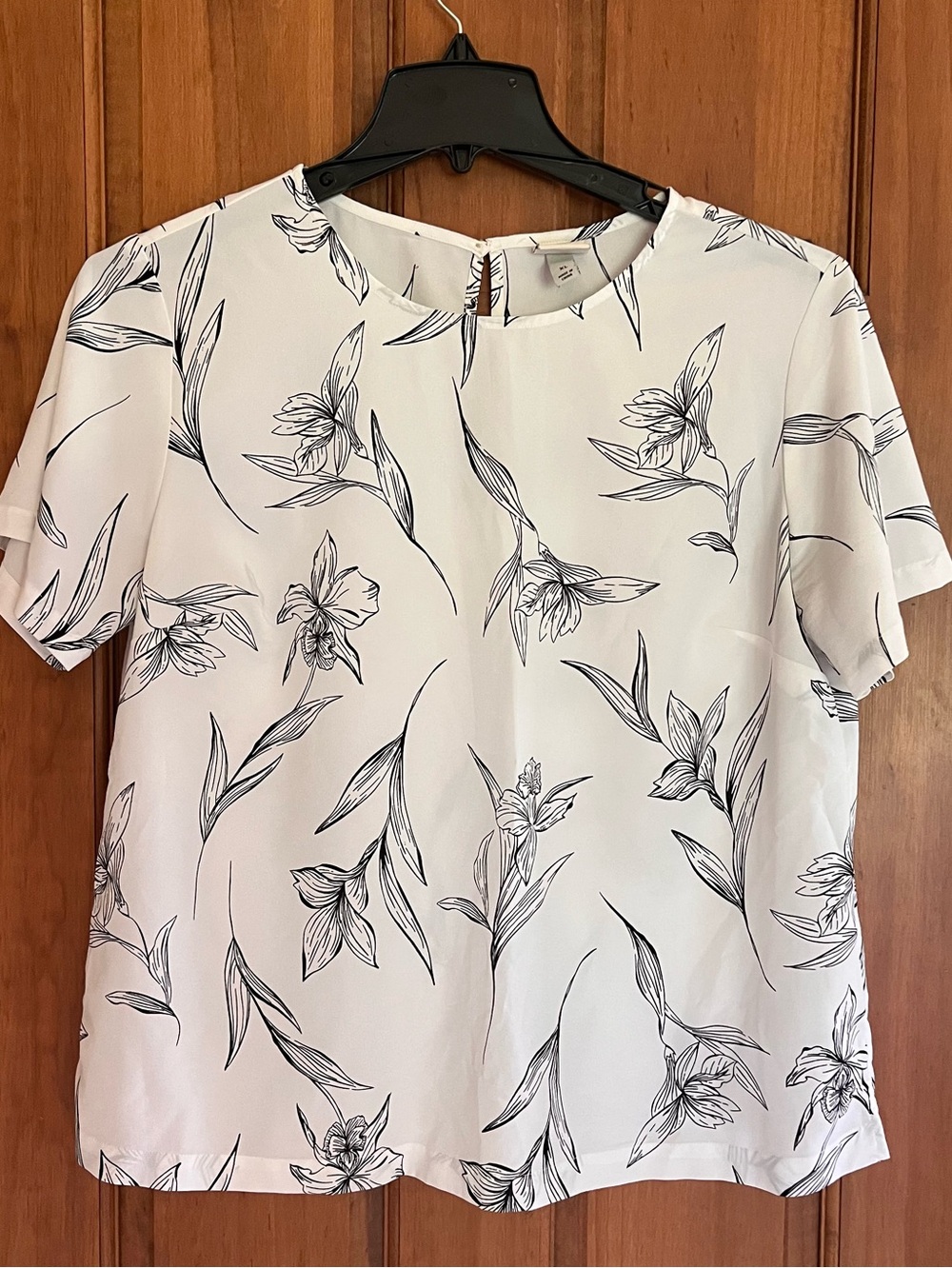 A New Day Women’s Floral Short-Sleeve Blouse - White with Black Print-XL